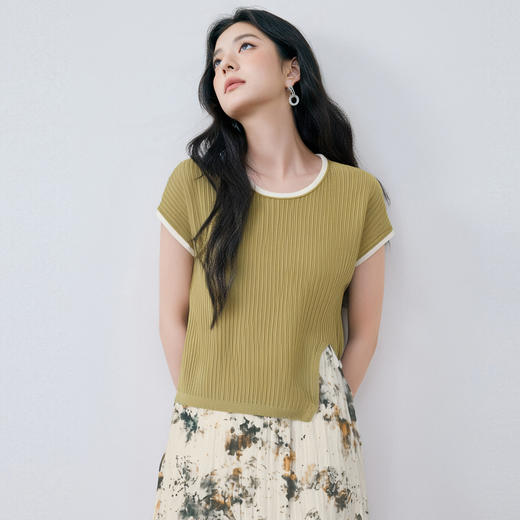 【严选】诗凡黎撞色边镂空飞飞袖针织衫2025秋新款设计感开叉简约百搭上衣7G7331101 商品图4