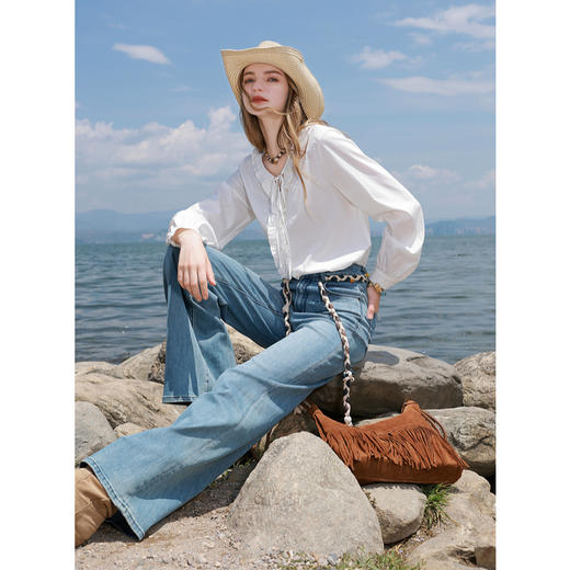 【莱赛尔】三彩2025秋季新款木耳边系带V领宽松小衫长袖衬衣上衣M 商品图1