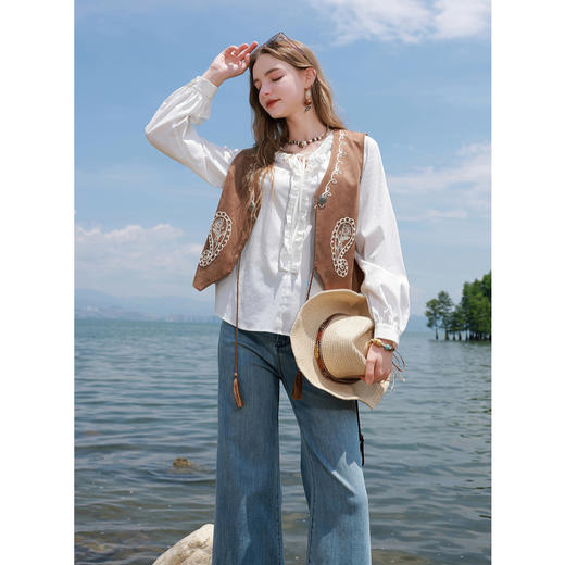 【莱赛尔】三彩2025秋季新款木耳边系带V领宽松小衫长袖衬衣上衣M 商品图3