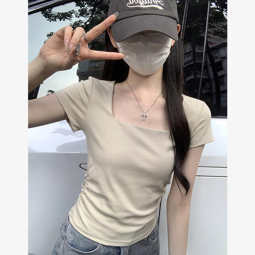 西遇方领短袖t恤女2025年夏季新款小个子法式正肩修身短款上衣SS050633 商品图4