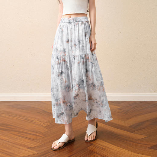 【严选】诗凡黎水墨晕染印花半身裙2025秋新款轻薄显瘦捏褶A字蛋糕半裙女7G7140461 商品图0