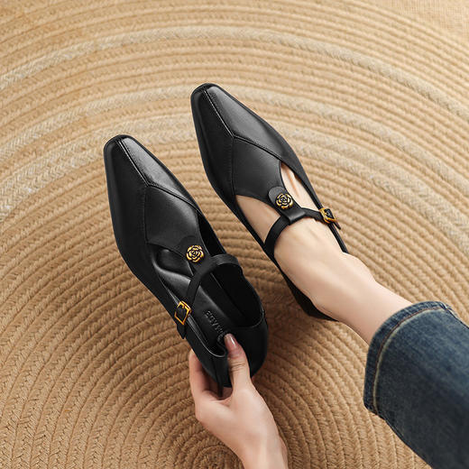 【预售5天】牛皮版~复古法式T字带玛丽珍鞋女新款百搭真皮浅口山茶花中跟单鞋LD&7306 商品图4