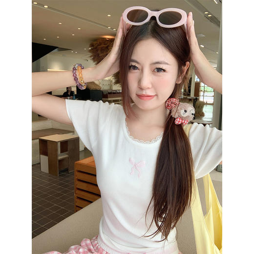 <曾小咸推荐>韩版甜美蕾丝花边蝴蝶结短袖T恤 商品图0