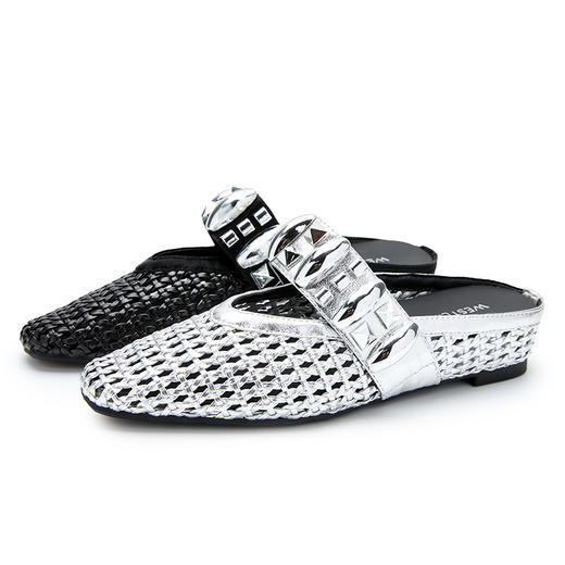 西遇一脚蹬包头半拖女新款秋季绝美编织镂空银色单鞋外穿拖鞋V1456906 商品图4