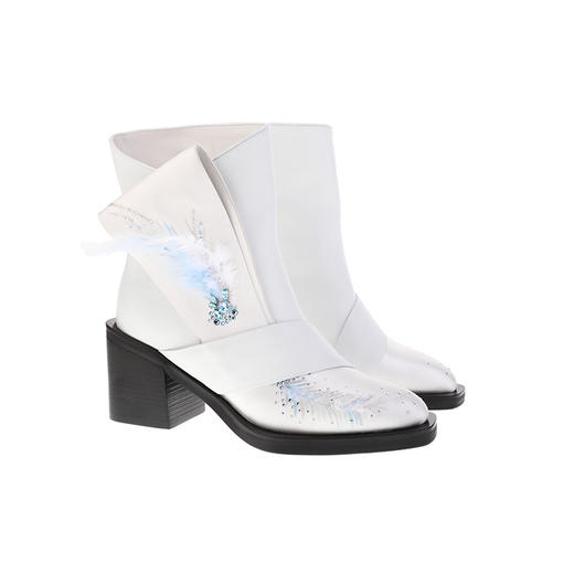 sheme景颇族原创设计女士秋冬粗跟短靴刺绣水晶白色可定制 商品图5