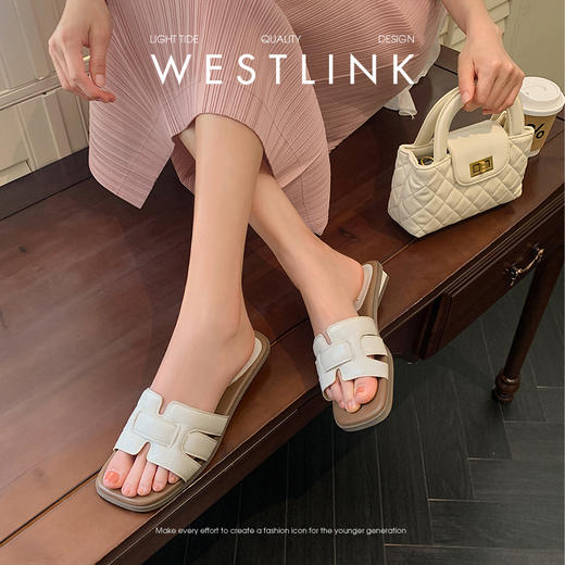 西遇法式凉拖鞋女新款夏季高级感平底凉鞋方头低跟外穿一字拖K1156793 商品图2