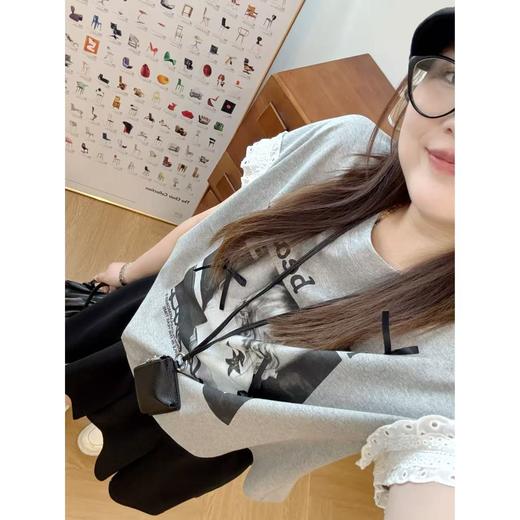 2025新品 佳佳同款【芭蕾报刊】袖口蕾丝辣妹蝴蝶结T恤休闲夏季宽松韩版时尚 商品图0