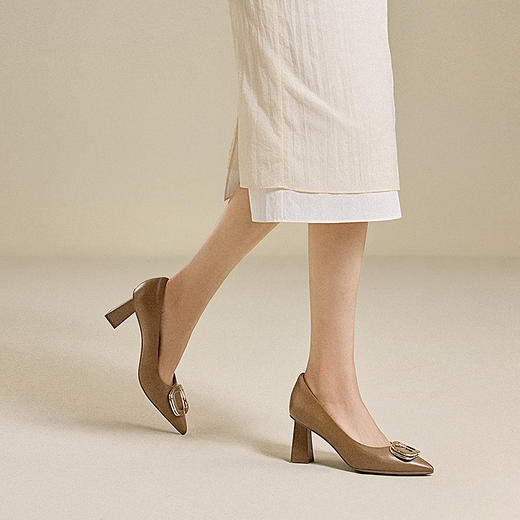 千百度羊皮裸色超高跟鞋女粗跟通勤法式尖头浅口单鞋A25457761 商品图2