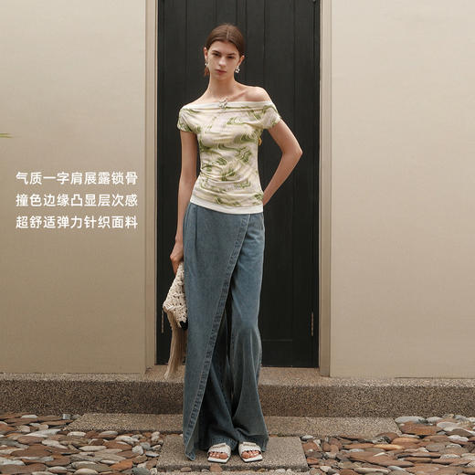 lost in echo2025夏季新款度假时尚纽扣一字肩透气短袖T恤上衣女 商品图3