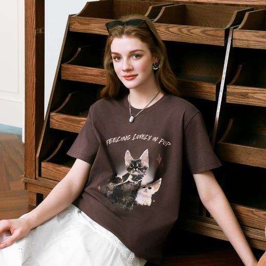 【商场同款】诗凡黎圆领小狗印花T恤2025夏新款短袖上衣3G4300741 商品图0