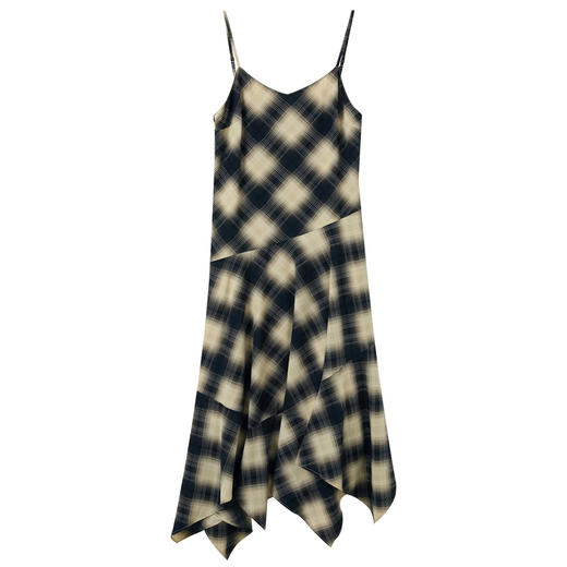 三彩2025秋季新款格纹吊带裙不规则拼接长裙设计感M 商品图4