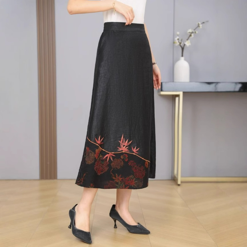 丁摩真丝香云纱龟纹国风复古半裙新中式高腰100%桑蚕丝小黑裙AL