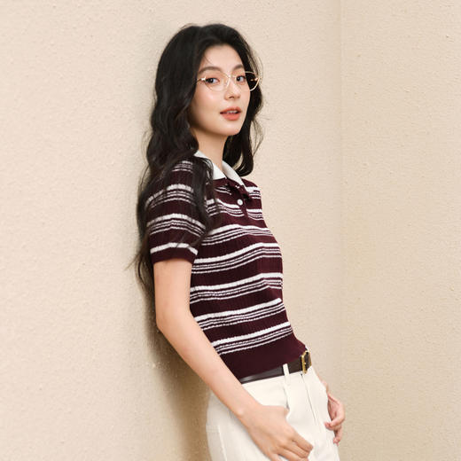 【严选】诗凡黎条纹撞色双层polo领针织衫2025秋新款时尚百搭修身短袖上衣7G7130981 商品图2