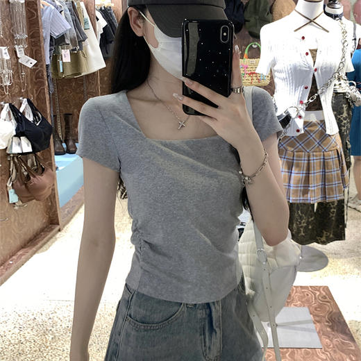 西遇方领短袖t恤女2025年夏季新款小个子法式正肩修身短款上衣SS050633 商品图3