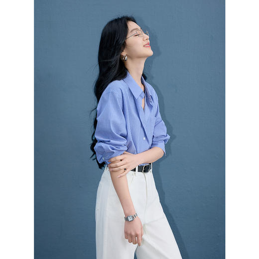 三彩2025秋季新款条纹衬衫翻领衬衣宽松上衣松弛通勤S 商品图1