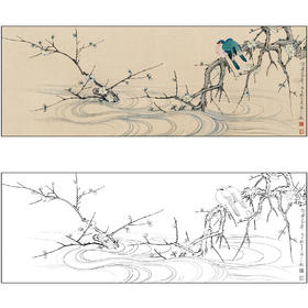 于非闇花鸟工笔画白描底稿《梅溪霜禽》临摹勾线高清打印稿FA04