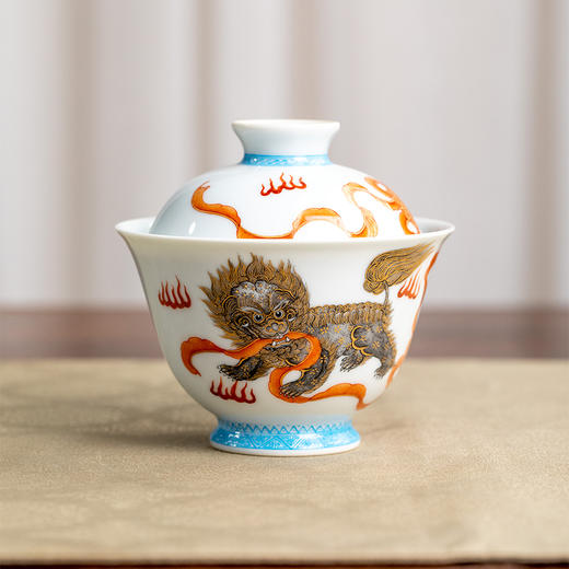 一儒堂珐琅料边墨彩描金双狮盖碗 商品图0