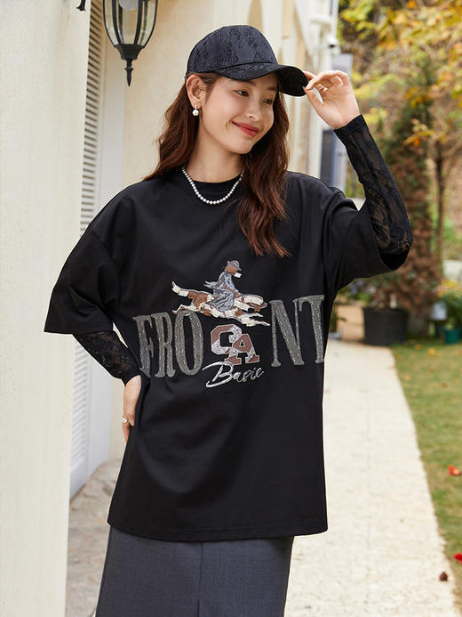 酷飒与优雅并存！黑色重工刺绣印花 T 恤，解锁时尚新态度 商品图1