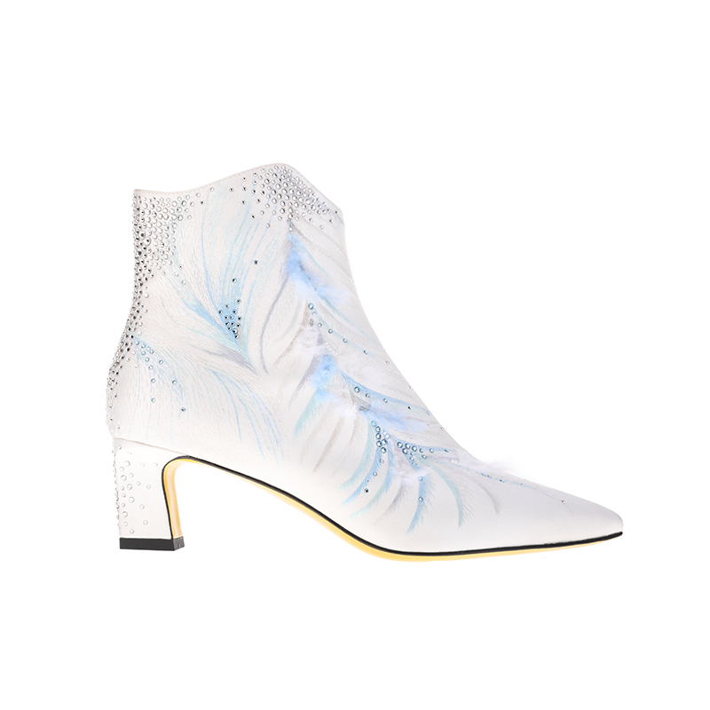 sheme景颇族原创文化女式高跟短靴羽毛图案尖头刺绣水晶优雅可定制