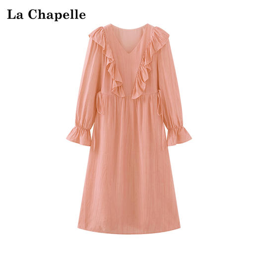 天猫同步【轻盈飘逸】拉夏贝尔/La Chapelle清新温柔气质V领荷叶花边长袖连衣裙女高腰时尚长裙春装 商品图4