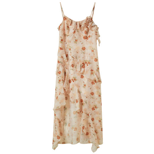 三彩独醒2025秋季新款碎花印花吊带连衣裙法式开叉荷叶边长裙F 商品图4