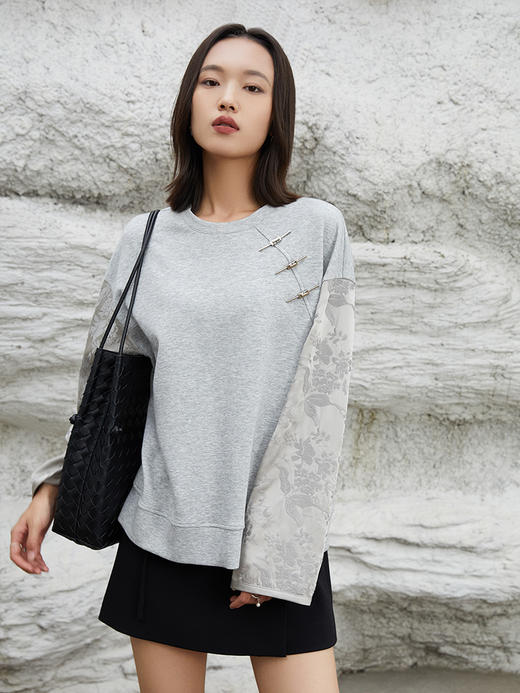 新中式美学！盘扣拼接提花袖灰色卫衣，解锁国潮时尚新体验 商品图0