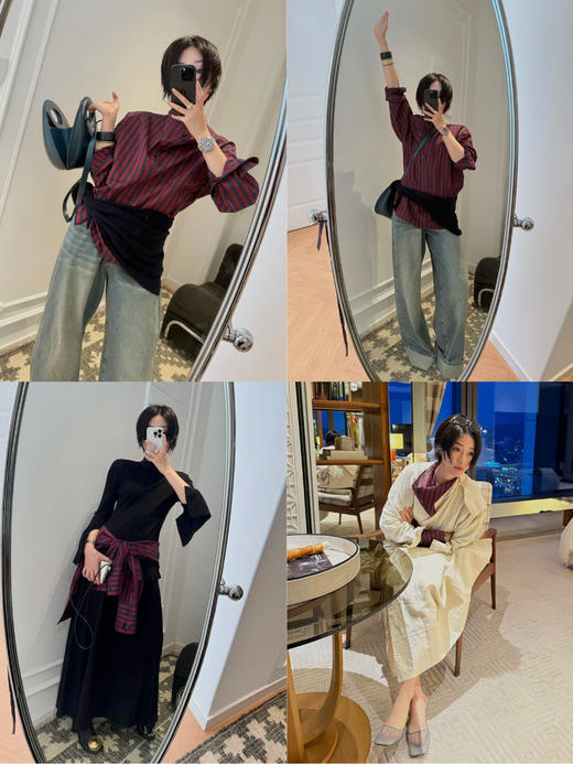 HIDEMI 酒红拼深藏蓝色织条纹极简立领设计感廓形纽扣多穿衬衫上衣 商品图2