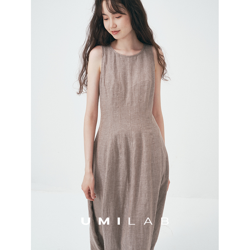 UMILAB｜流沙*侘寂美学BC私服亚麻金银丝收腰显瘦无袖连衣裙D818W