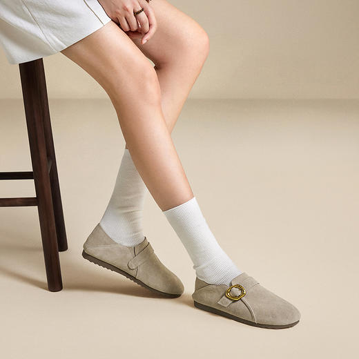 千百度复古全包勃肯鞋女款薄底一脚蹬休闲平底单鞋A25487310 商品图4