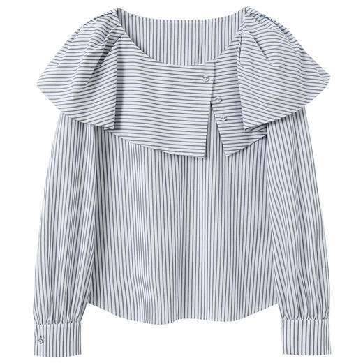 三彩2025秋季新款宽松条纹翻领长袖小衫衬衣上衣简约气质M 商品图4