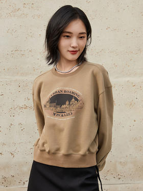 复古风卡其色印花圆领卫衣女 宽松百搭休闲上衣