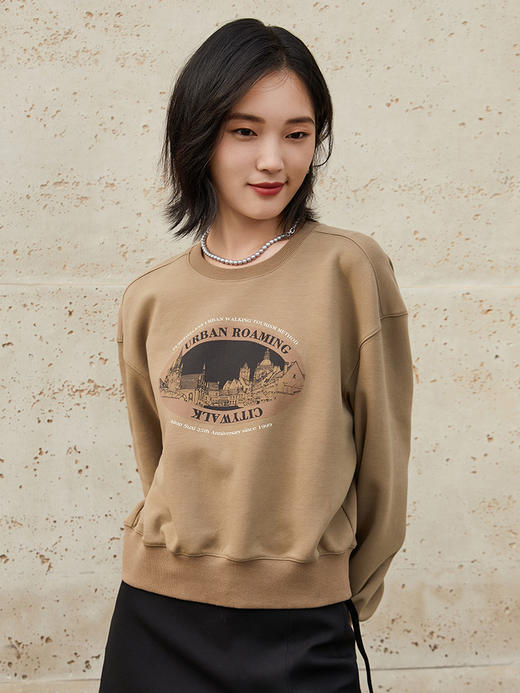 复古风卡其色印花圆领卫衣女 宽松百搭休闲上衣 商品图0