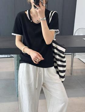 【新品特卖】25103蕾丝镂空设计感短袖T恤-喜出