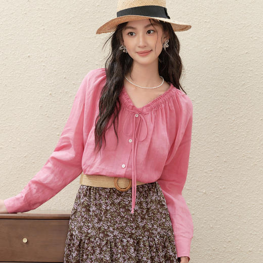 【严选】诗凡黎法式V领木耳边苎麻衬衫2025秋新款设计感复古减龄小上衣女7G7320641 商品图0