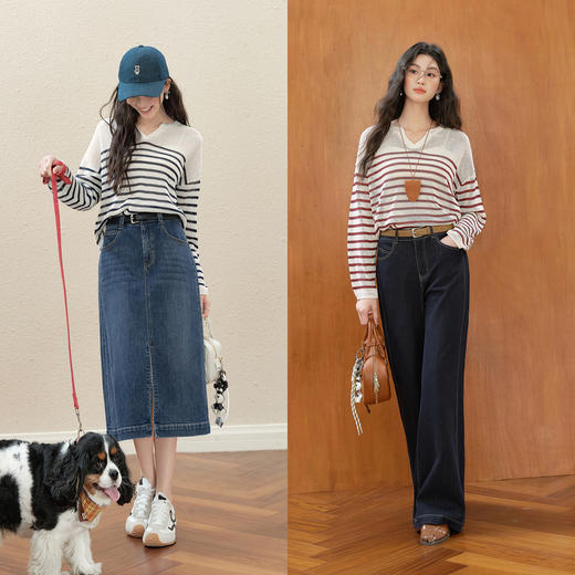 【严选】诗凡黎干爽透气条纹针织罩衫2025秋新款慵懒百搭松弛感小V领长袖7G7330931 商品图1