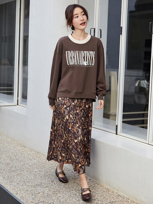 复古棕色字母印花卫衣女 春秋季宽松显瘦圆领上衣 休闲百搭套头衫 商品图1