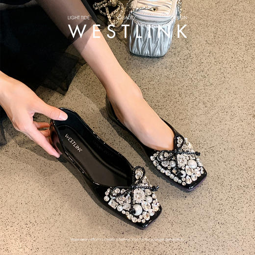 西遇水钻浅口单鞋女新款秋季绝美蝴蝶结瓢鞋软底银色平底鞋V1456901 商品图1