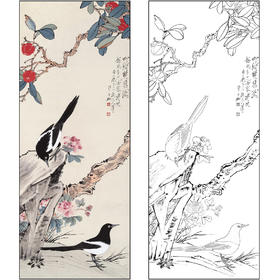 于非闇喜鹊花鸟工笔画白描底稿《四时双喜图》临摹勾线高清打印稿FA07