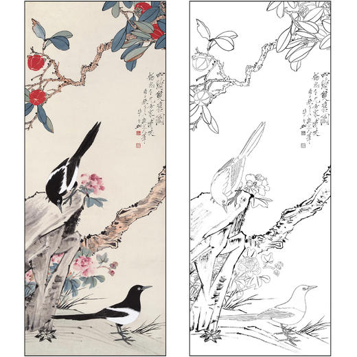 于非闇喜鹊花鸟工笔画白描底稿《四时双喜图》临摹勾线高清打印稿FA07 商品图0