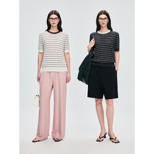 棉仓363601081-初棉春夏花纱质感条纹短袖亚麻编织T恤 商品图4