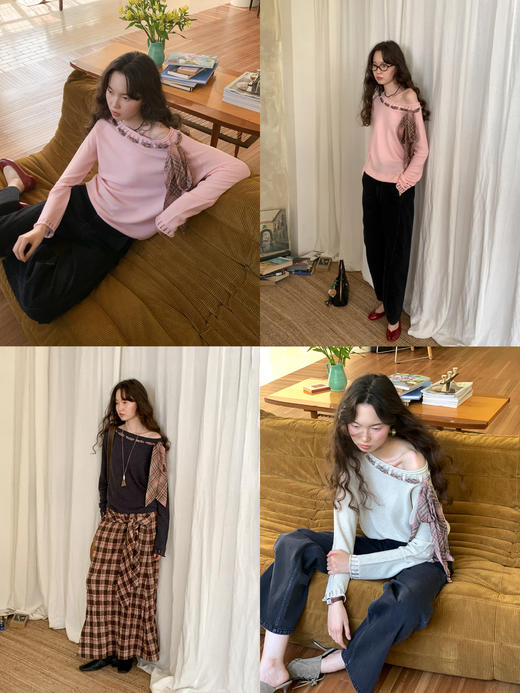 素舶 双层卷边斜肩一字领镂空针织亚麻肌理格纹丝带长袖套衫 商品图4