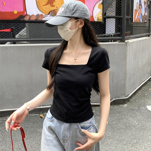 西遇方领短袖t恤女2025年夏季新款小个子法式正肩修身短款上衣SS050633 商品图1