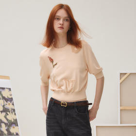 谜底套头针织衫短袖女2025秋新品复古文艺百搭绣花短款253MZ1395