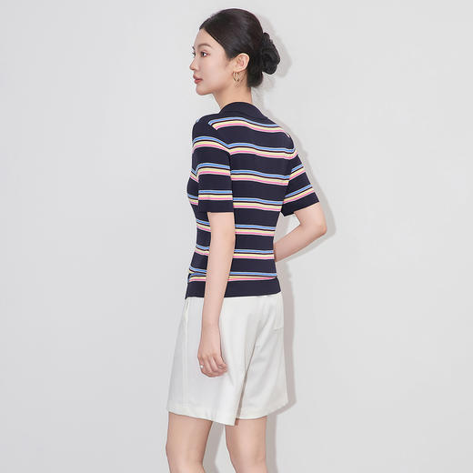 「高货wl」全新升级【铂金会员201/天猫269/差价68】(02943)洛诗琳高级感Polo领撞色条纹16针超细兰精天丝针织上衣 商品图1