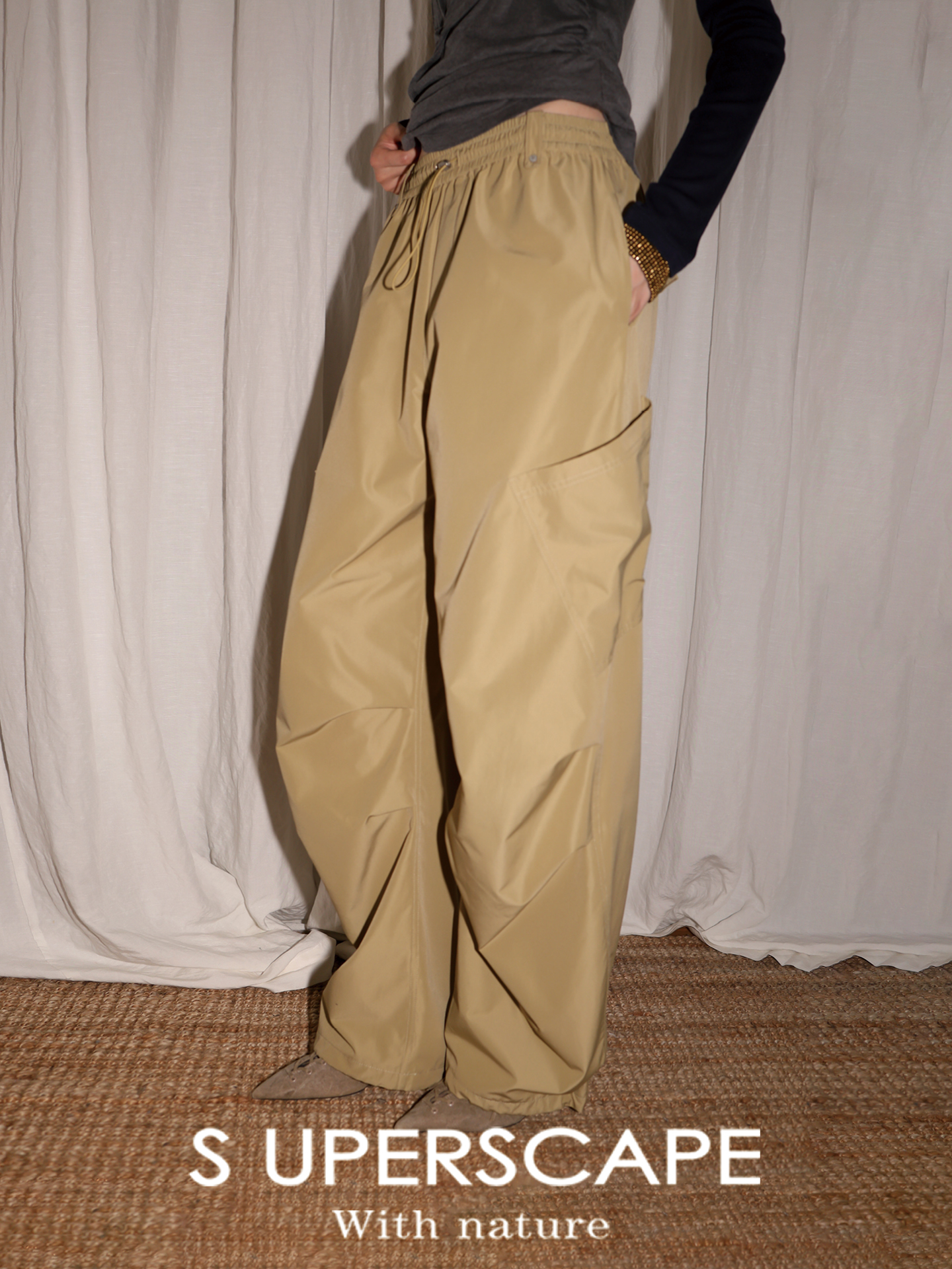 素舶 新疆长绒棉索罗娜抽绳工装口袋阔腿裤