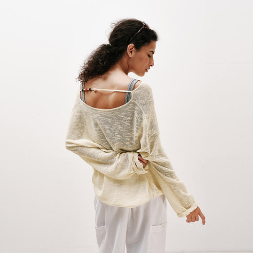 NUTH 亚麻混纺轻薄半透中长款一字肩针织罩衫女 商品图1
