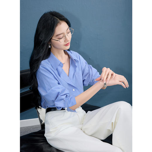 三彩2025秋季新款条纹衬衫翻领衬衣宽松上衣松弛通勤S 商品图3