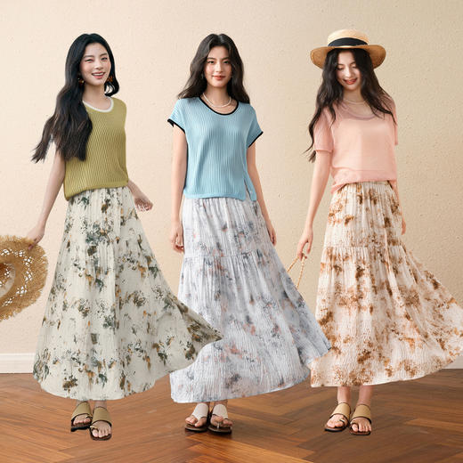 【严选】诗凡黎水墨晕染印花半身裙2025秋新款轻薄显瘦捏褶A字蛋糕半裙女7G7140461 商品图1