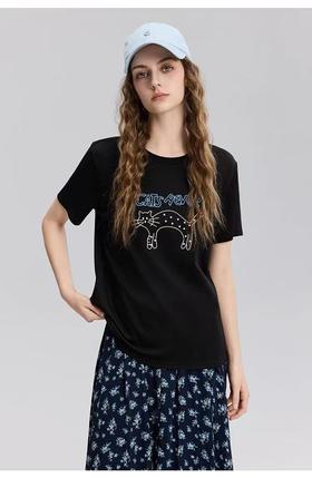 【新品特卖】25064重工刺绣工艺猫咪短袖T恤-喜出