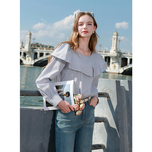 三彩2025秋季新款宽松条纹翻领长袖小衫衬衣上衣简约气质M 商品图2